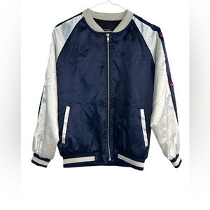 Londonbus Satin Bomber Jacket Embroidered Cherries On Sleeve Blue White NWOT S